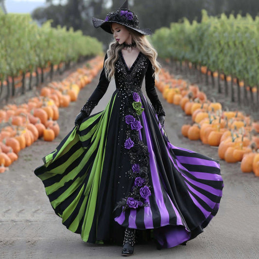 Women's  Halloween Black Green Purple Stripes Art Comfy Velvet V Neck Maxi Dress