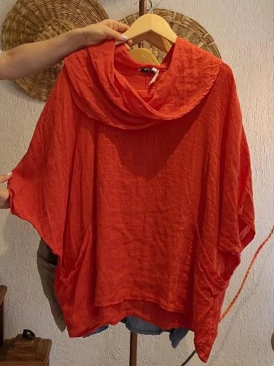 Women's Solid-color Cowl Neck 3/4 Sleeve Casual Loose Cotton-linen Top