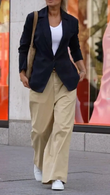 Navy Blazer & Khaki Wide‐Leg Trousers Matching Set