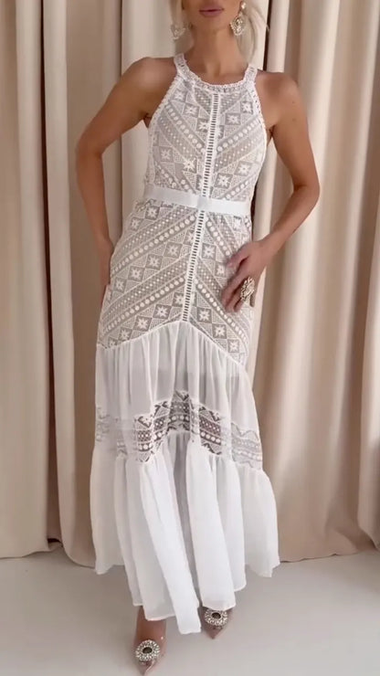 White Geometric Lace Halter Maxi Dress