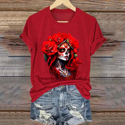 Mexican La Catrina Day Of The Dead Art Pattern Print Cotton Graphic T-Shirt