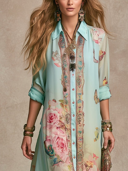 Baroque Mint Green Chiffon Floral Shirt Maxi Dress
