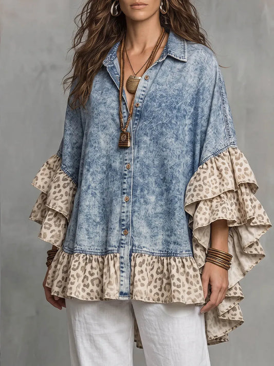 Vintage Elegant Color-Blocked Denim Patchwork Leopard Print Irregular Ruffled Jacket Shirt