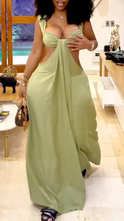 Halter Neck Front Tie Cutout Wide Leg Jumpsuit