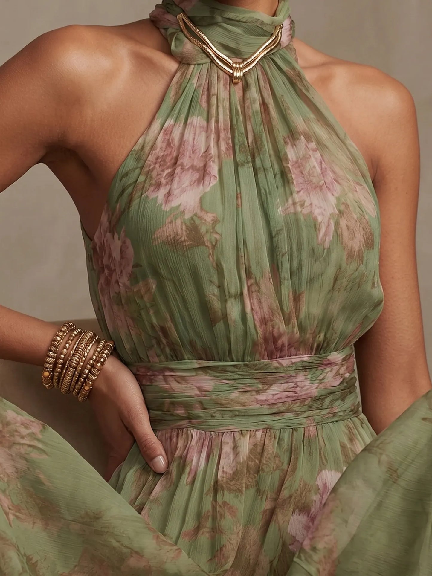 Green Floral Chiffon Halter Maxi Dress