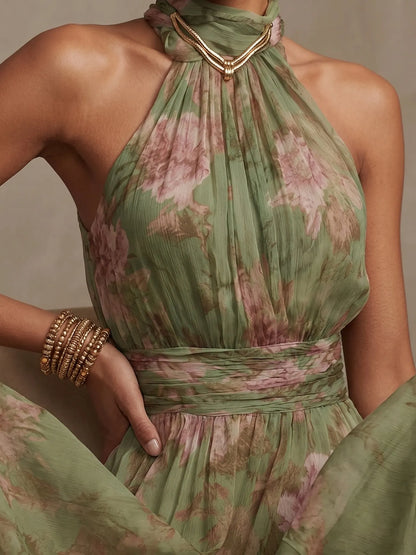 Green Floral Chiffon Halter Maxi Dress