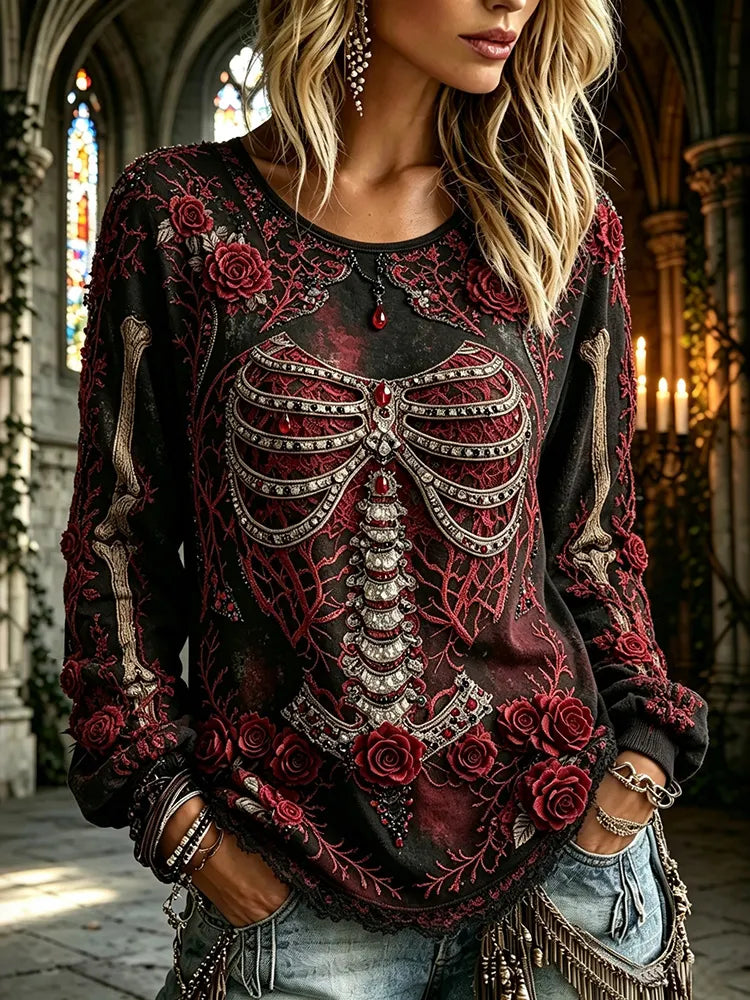 Women's Dark Rose Skull Design Cotton Linen Long-sleeve T-shirt
