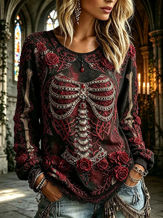 Women's Dark Rose Skull Design Cotton Linen Long-sleeve T-shirt