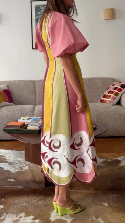 Multicolor Block Print Puff Sleeve Boho Midi Dress
