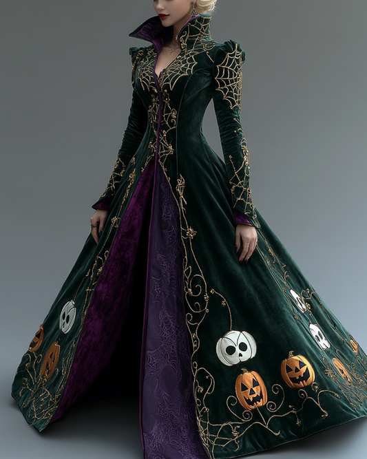 Women's Velvet Slim-Fit Long Swing Elegant Dark Halloween Dress-Green 7221