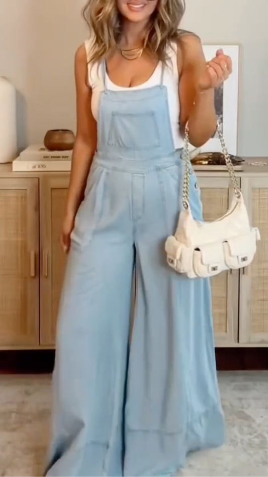 Light Blue  Wide-Leg Overalls