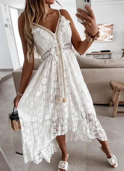 Summer Solid-Color Lace Camisole Maxi Dress with a Full Skirt