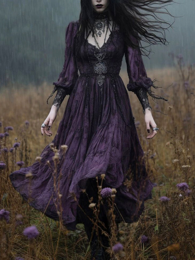 Gothic Embroidered Pattern Long-sleeved Midi Dress