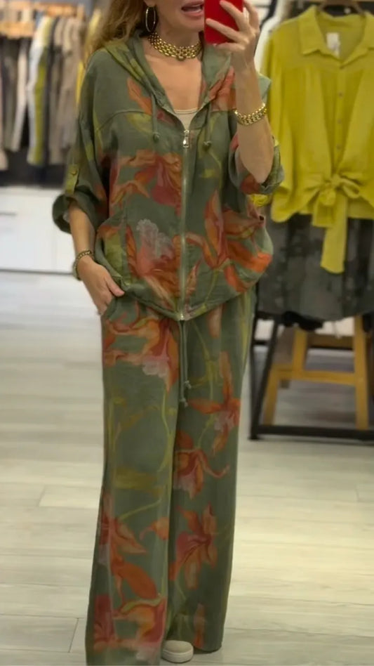 Green Floral Print Hoodie & Pants Co-Ord Set