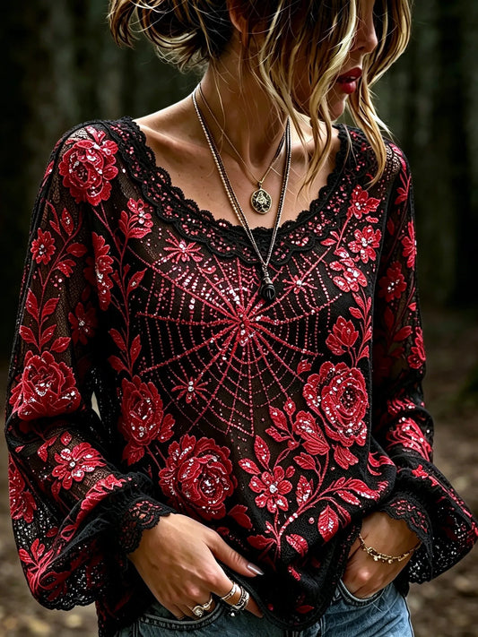 Women's Halloween-themed Spider And Rose Floral Sequin Embroidered Print Top
