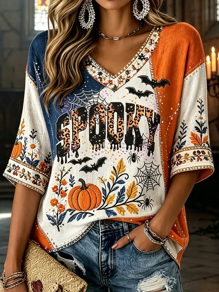 Women's Halloween Floral Pumpkin Letter Patchwork V-neck Cotton Linen Top