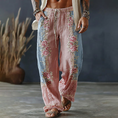 Men's Spring Floral Embroidered Art Print Flowy Linen Blend Pants