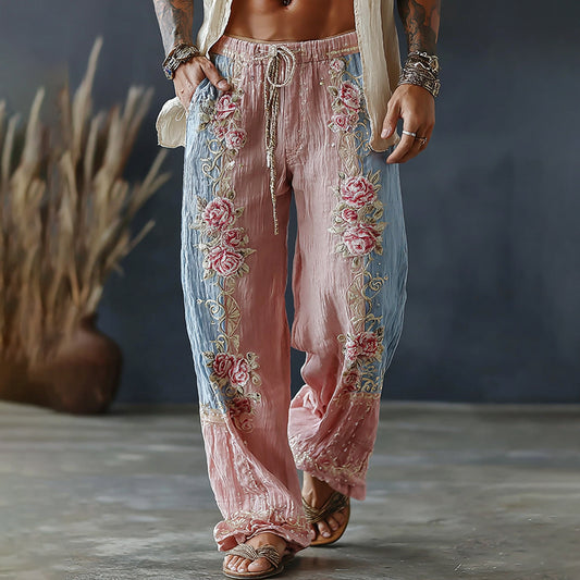 Men's Spring Floral Embroidered Art Print Flowy Linen Blend Pants