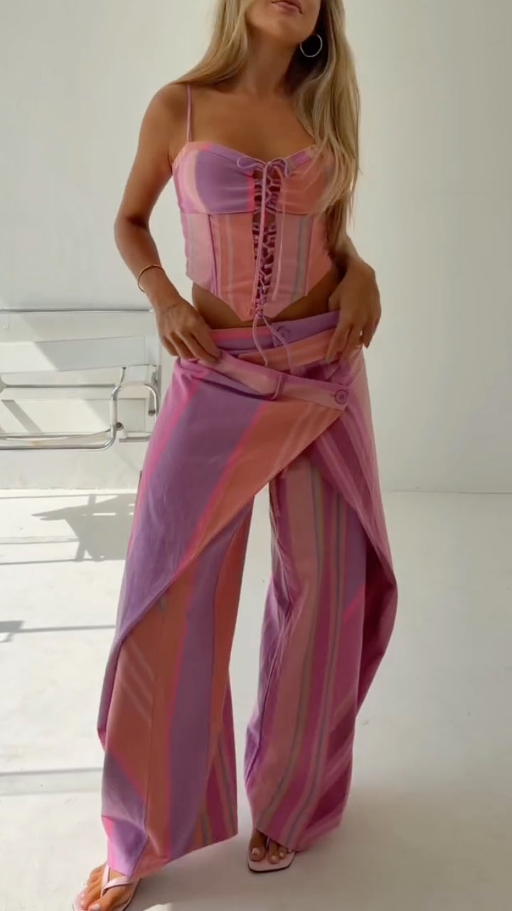 Stripe Corset Top & Wrap Overlay Wide Leg Pants Co‑Ord Set