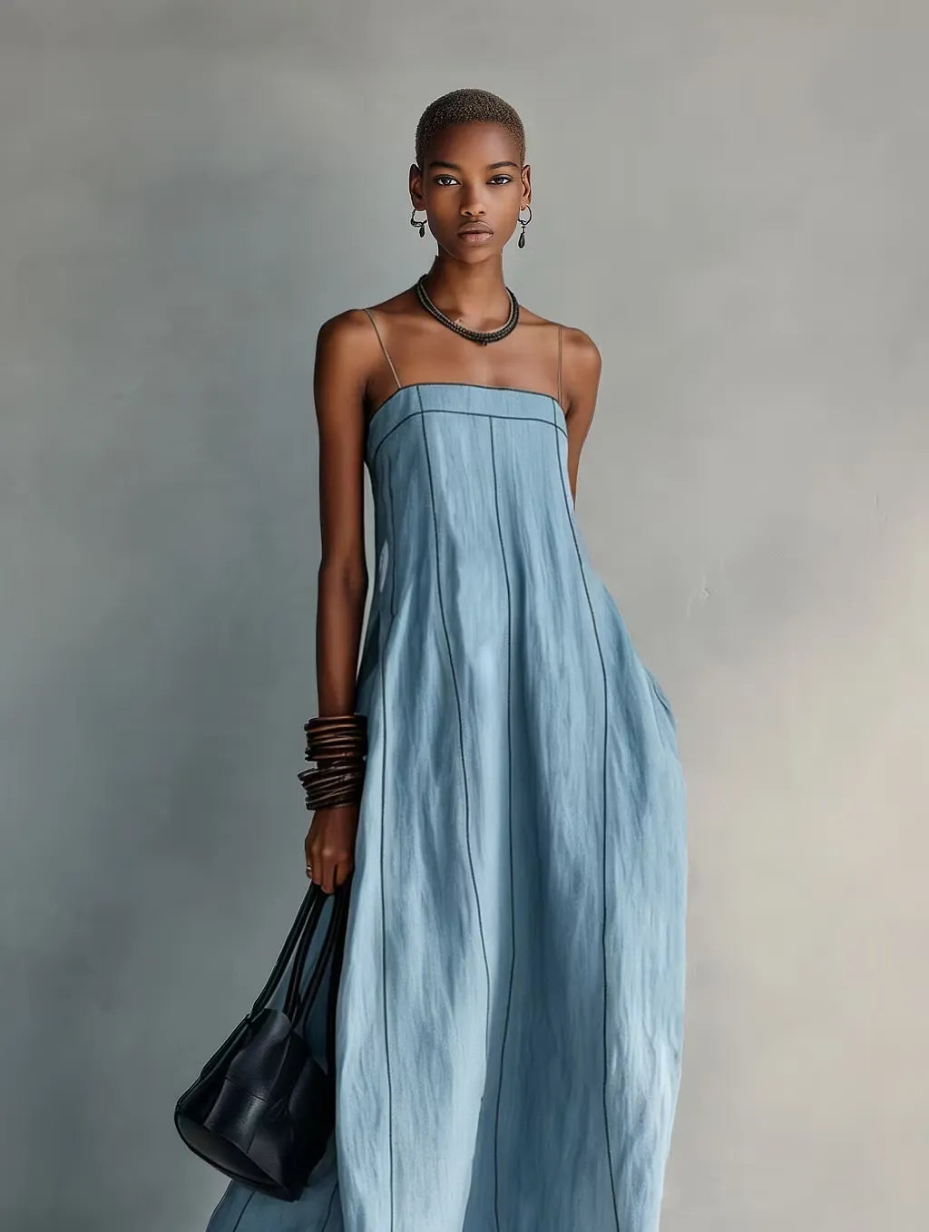 Blue Casual Cotton Linen Spaghetti Strap Maxi Dress