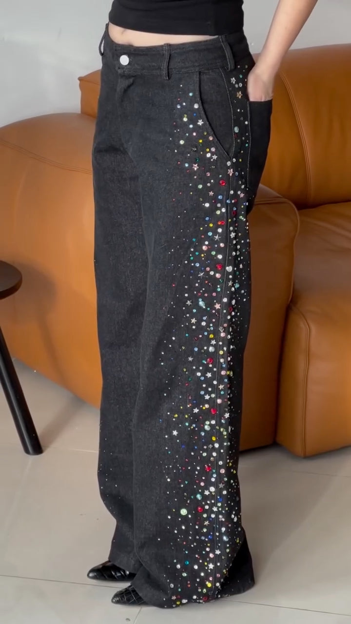 Black Colorful Rhinestone Star Wide Leg Denim Pants