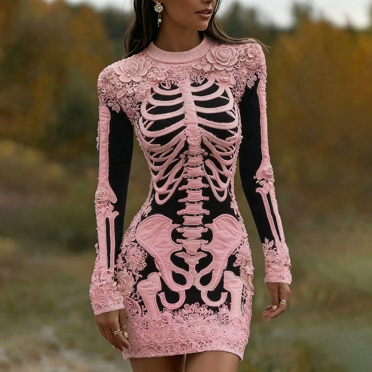 Women's Vintage Halloween Skeleton Bones With Rose Art Cozy Knit Mini Sweater Dress