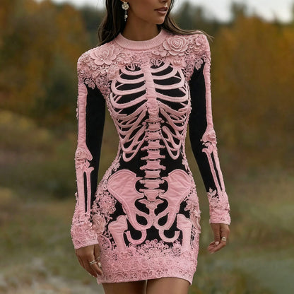 Women's Vintage Halloween Skeleton Bones With Rose Art Cozy Knit Mini Sweater Dress