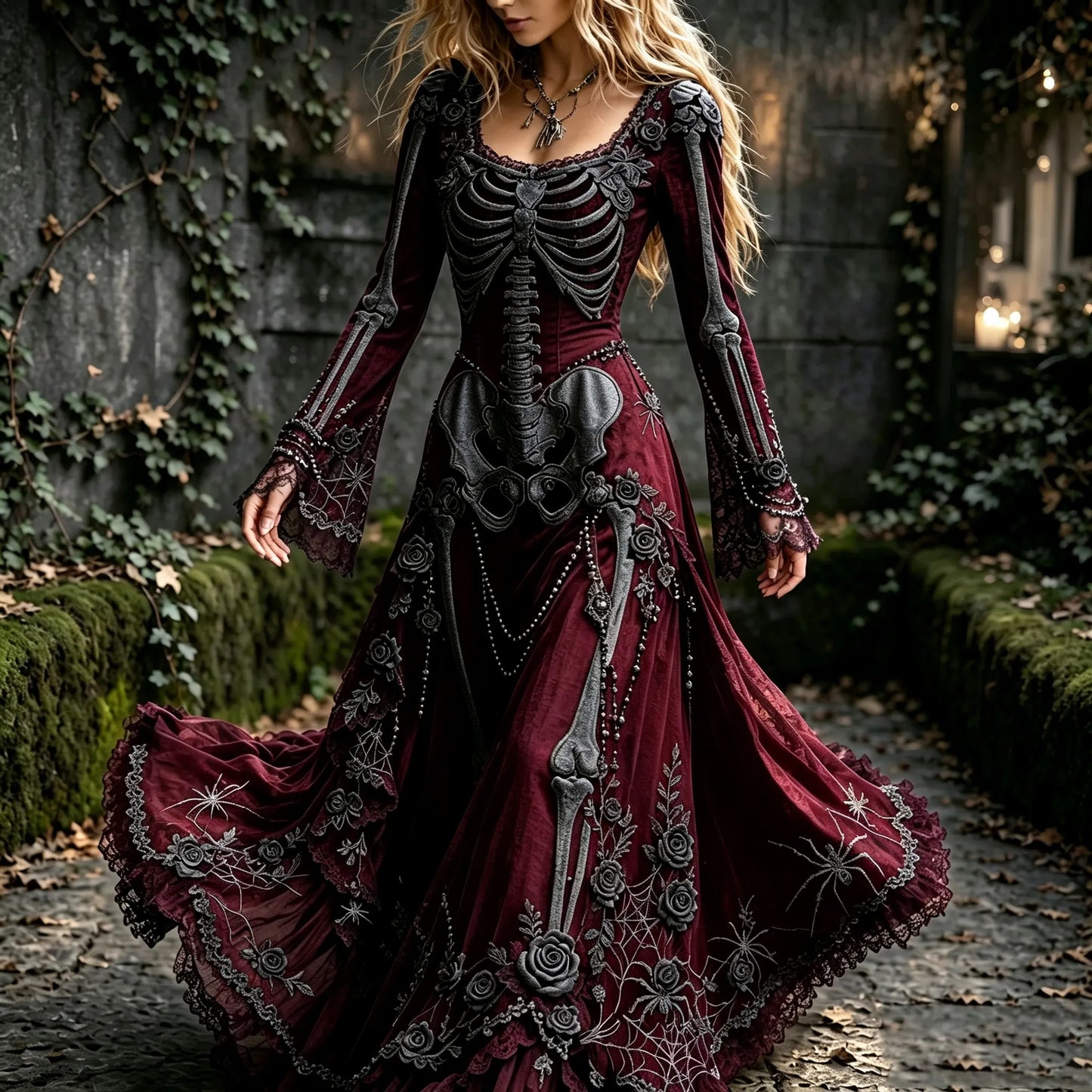 Women's Retro Gothic Spider Skull Floral Pattern Mixi Halloween Dress