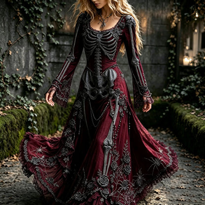 Women's Retro Gothic Spider Skull Floral Pattern Mixi Halloween Dress