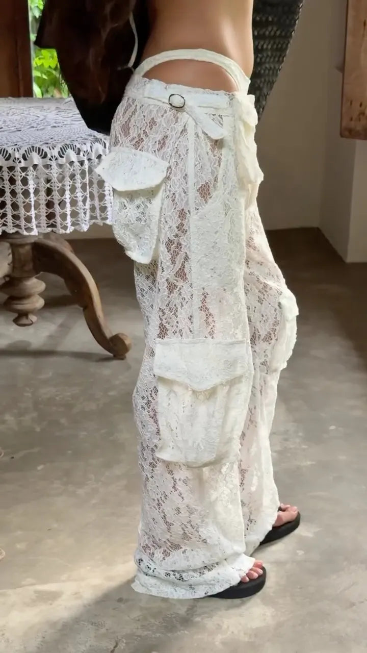 White Lace Cargo Wide Leg Pants