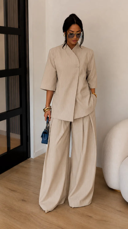 Stand Collar Blazer & Wide-Leg Pants Two-Piece