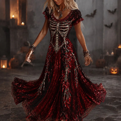 Women's Vintage Skull Art Crew Neck Short Sleeve Maxi Dress
