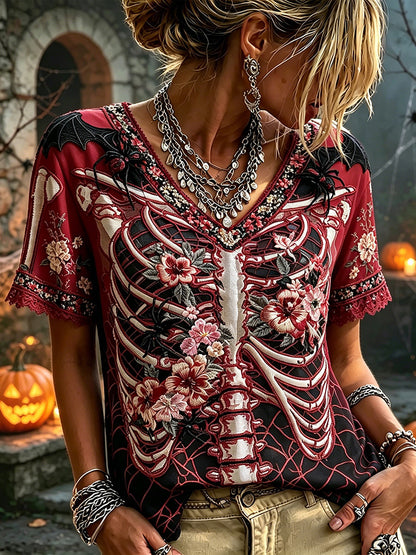 Gothic Skeleton Ribcage Floral Embroidery Halloween Bat Spider Lace  V-neck Top