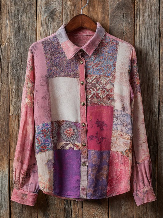 Bohème Style Patchwork Floral Open Bright Color Button-down Shirt