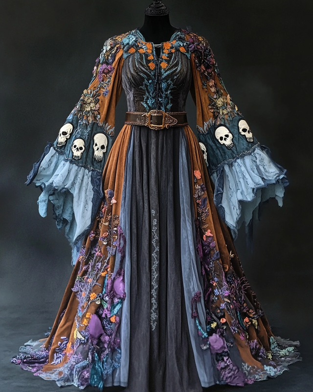Women's Halloween Bat Wing Sleeve Contrast Color Exaggerated Cape Dress 41c4