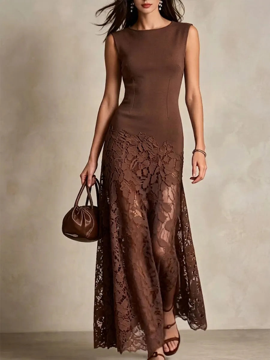 Elegant Sleeveless Slim-fit Dress With Embroidered Lace Paneling