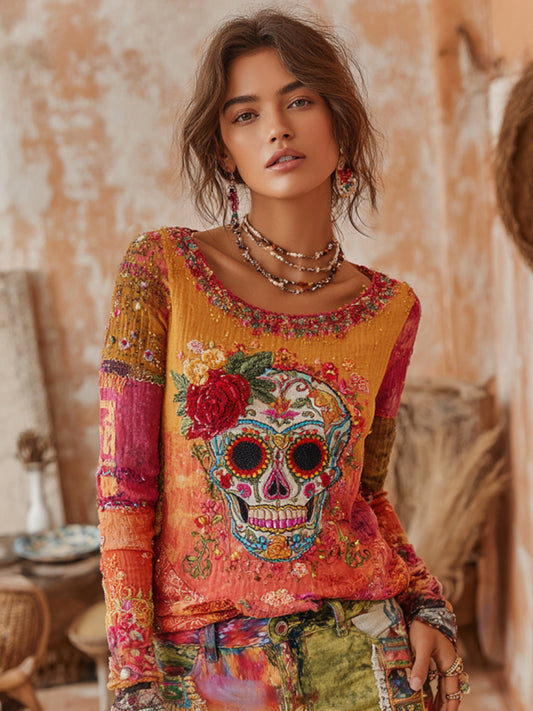 Women's Classic Mexican Sugar Skeleton Catrina Day Of The Dead Inspired Painting Embroidered Casual Linen Long Sleeve T-shirt