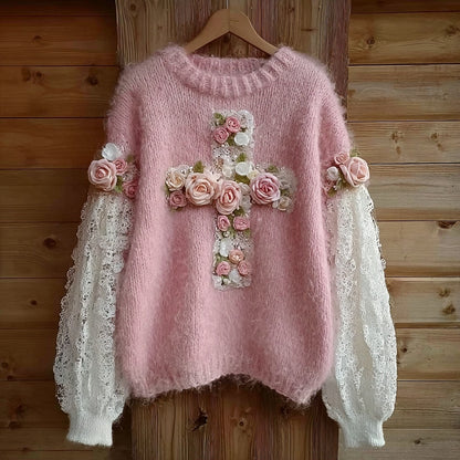Pink Roses Cross Embroidered Lace Patchwork Cozy Sweater