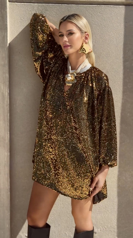 Gold V-Neck Sequined Party Dress