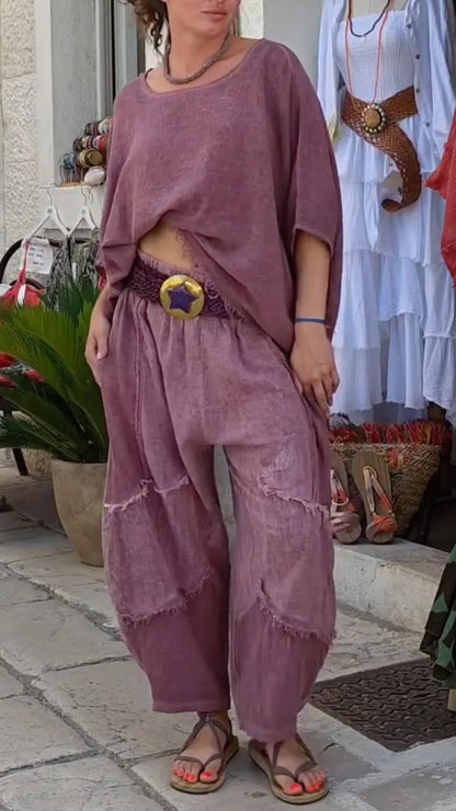 Mauve Frayed Linen Two Piece Set