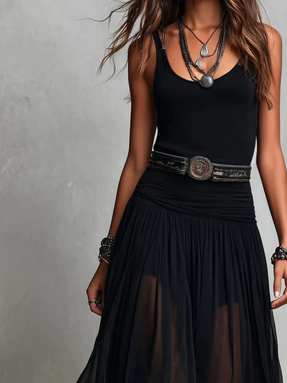 Black Sleeveless Tank Top With Tulle Skirt Maxi Dress(with belt)