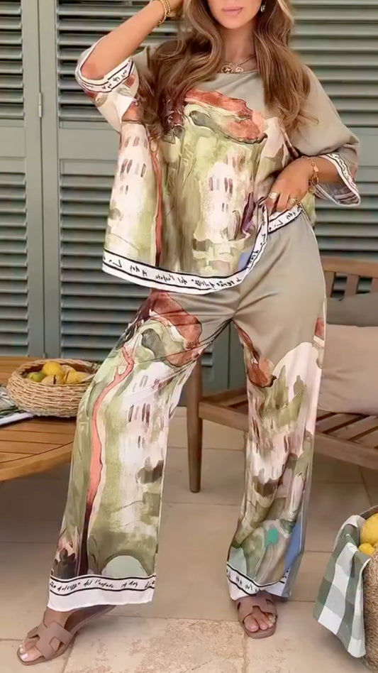 Abstract Oil Painting Printed Short Sleeve Top Wide Leg Pants Set