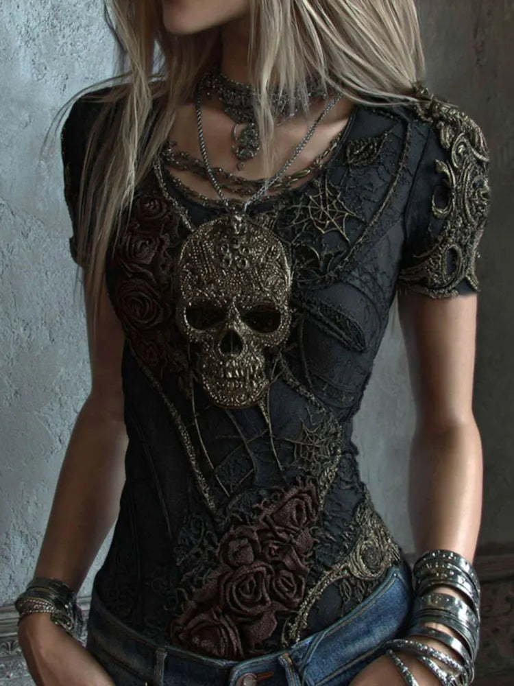 Women's Vintage Skull And Rose Art V-neck Short Sleeve Top