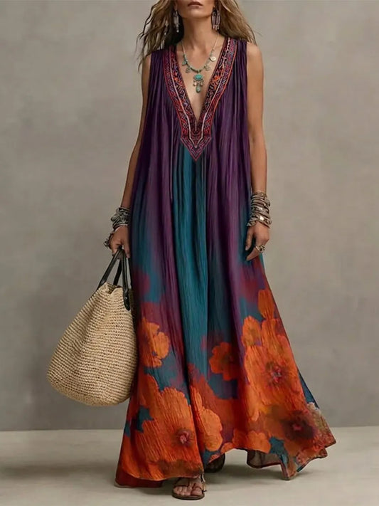 Bohemian Floral Print Sleeveless Linen And Cotton Maxi Dress