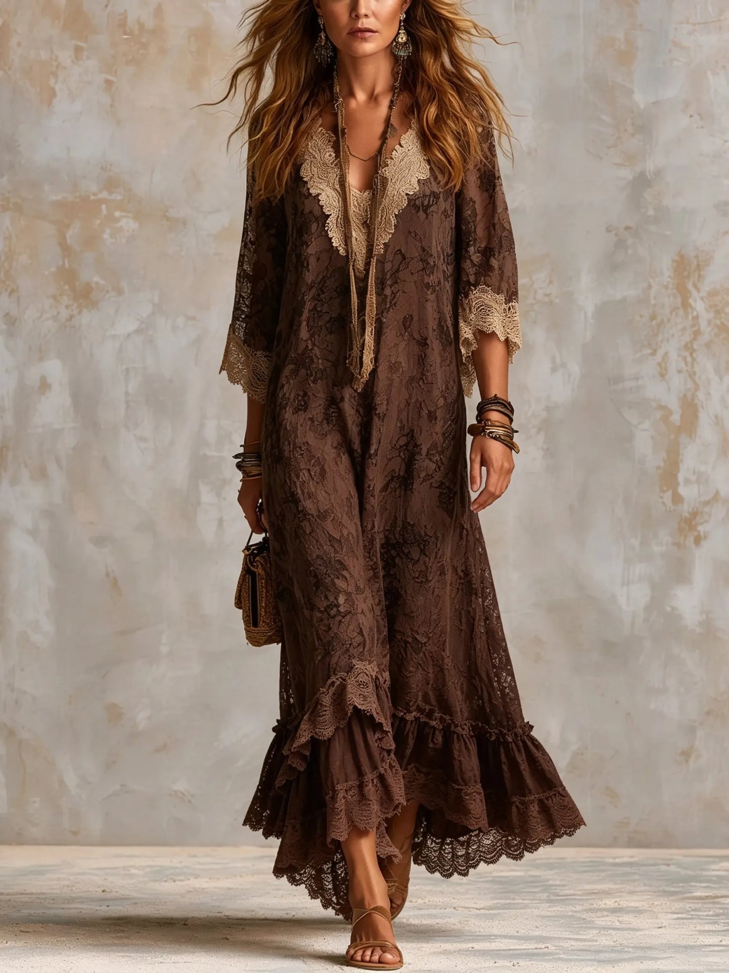 Women's Bohemian Floral Lace Ruffle Maxi Dress
