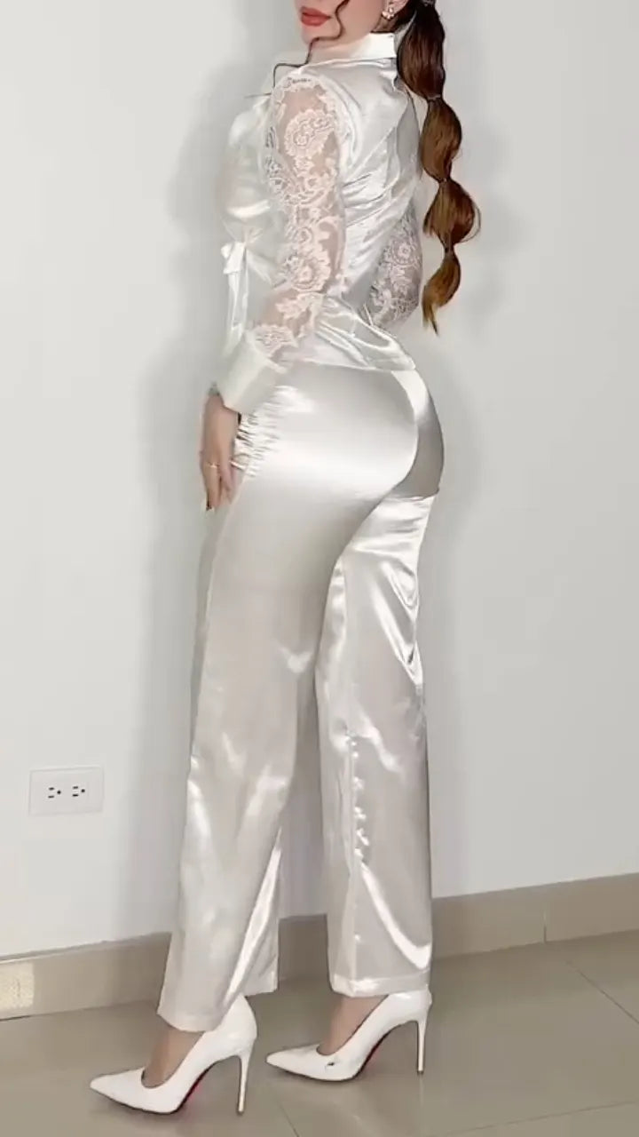 Satin Lace Sleeve Wrap Top & Straight Leg Pants Co‑Ord Set