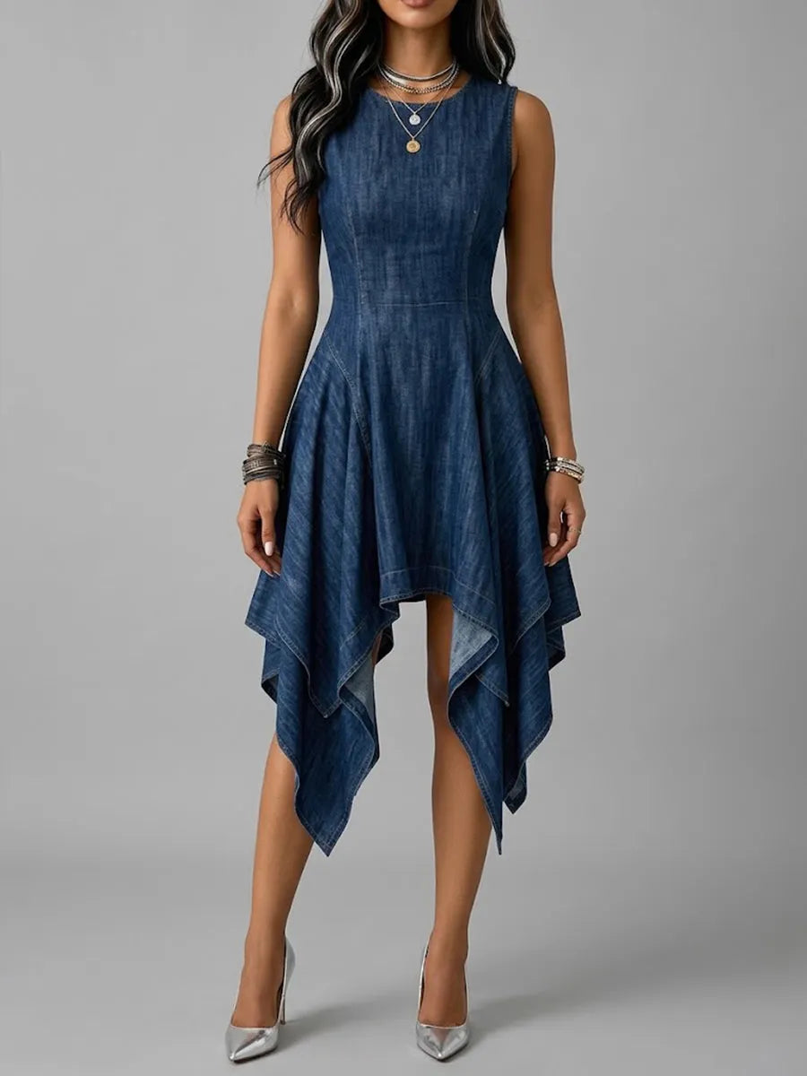 Casual-chic Sleeveless Slim-fit Denim Dress With An Asymmetrical Hem