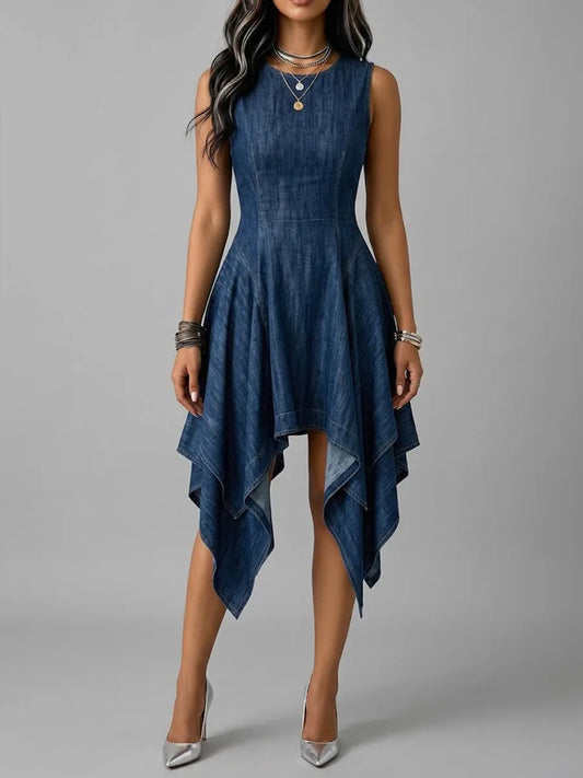 Casual-chic Sleeveless Slim-fit Denim Dress With An Asymmetrical Hem