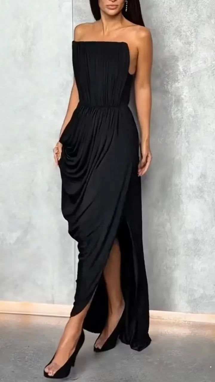 Black Strapless Draped Maxi Dress