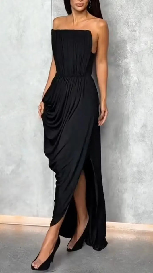 Black Strapless Draped Maxi Dress
